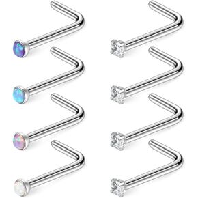Ruifan 20G 316L Surgical Steel 1.5mm 2mm 2.5mm 3mm Jeweled Opal & Clear CZ Nose L-Shaped Rings Studs Ring Body Piercing Jewelry 8PCS in Saudi Arabia