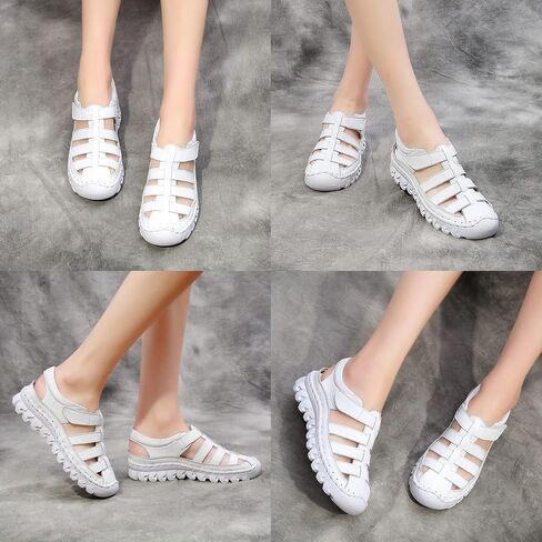 صنادل نسائية من الجلد الطبيعي بمقدمة مغلقة، صندل مصارع بمنصة مجوفة قابلة للتعديل، نعل ناعم مانع للانزلاق للأمهات للمشي على الشاطئ in Kuwait