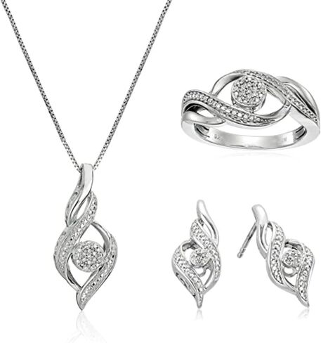 MAX + STONE Diamond Pendant Necklace Drop Earrings & Diamond Ring for Women Jewelry Set in Sterling Silver | 0.12 Carat Diamond Necklace & Earrings Set & Ring | Diamond Earrings with Pendant & Ring in Saudi Arabia