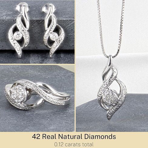 MAX + STONE Diamond Pendant Necklace Drop Earrings & Diamond Ring for Women Jewelry Set in Sterling Silver | 0.12 Carat Diamond Necklace & Earrings Set & Ring | Diamond Earrings with Pendant & Ring in Saudi Arabia