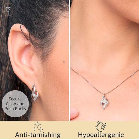 MAX + STONE Diamond Pendant Necklace Drop Earrings & Diamond Ring for Women Jewelry Set in Sterling Silver | 0.12 Carat Diamond Necklace & Earrings Set & Ring | Diamond Earrings with Pendant & Ring in Saudi Arabia
