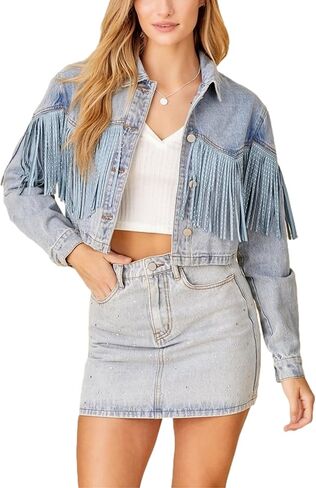 Oulivey Cropped Rhinestone Fringe Denim Jacket for Women Long Sleeve Cowgirl Tassel Jean Jackets in Saudi Arabia