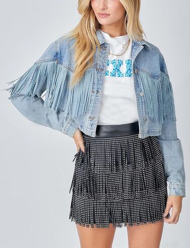Oulivey Cropped Rhinestone Fringe Denim Jacket for Women Long Sleeve Cowgirl Tassel Jean Jackets in Saudi Arabia