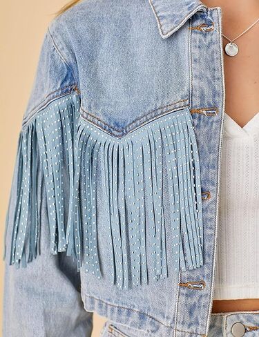 Oulivey Cropped Rhinestone Fringe Denim Jacket for Women Long Sleeve Cowgirl Tassel Jean Jackets in Saudi Arabia