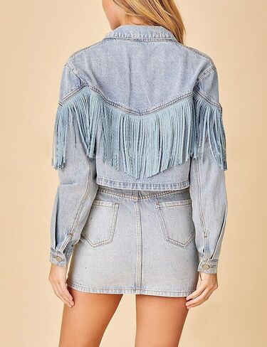 Oulivey Cropped Rhinestone Fringe Denim Jacket for Women Long Sleeve Cowgirl Tassel Jean Jackets in Saudi Arabia