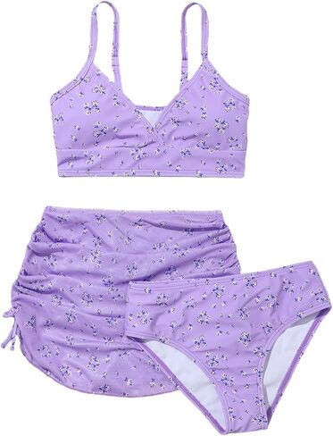 WDIRARA Girl's 3 Pieces Floral Print Bikini Swimsuit with Drawstring Side Beach Skirt in Saudi Arabia