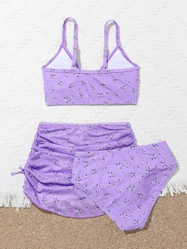 WDIRARA Girl's 3 Pieces Floral Print Bikini Swimsuit with Drawstring Side Beach Skirt in Saudi Arabia