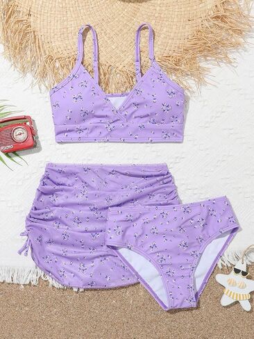 WDIRARA Girl's 3 Pieces Floral Print Bikini Swimsuit with Drawstring Side Beach Skirt in Saudi Arabia