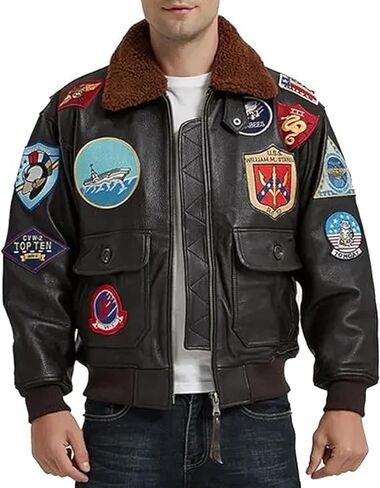 Mens Top Aviator USAAF Pilot Flying Tom Multiple Patches G1 Bomber Jacket Fur Collar Brown Bomber Leather Jacket in Saudi Arabia