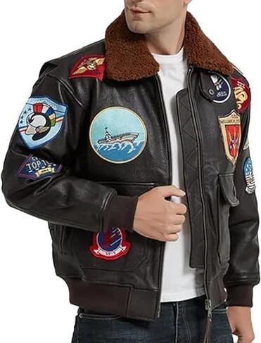 Mens Top Aviator USAAF Pilot Flying Tom Multiple Patches G1 Bomber Jacket Fur Collar Brown Bomber Leather Jacket in Saudi Arabia