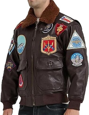 Mens Top Aviator USAAF Pilot Flying Tom Multiple Patches G1 Bomber Jacket Fur Collar Brown Bomber Leather Jacket in Saudi Arabia