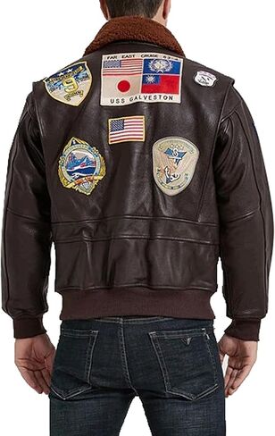 Mens Top Aviator USAAF Pilot Flying Tom Multiple Patches G1 Bomber Jacket Fur Collar Brown Bomber Leather Jacket in Saudi Arabia