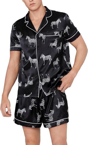 طقم ملابس نوم رجالي من WDIRARA مطبوع عليه حمار وحشي وقميص وأكمام قصيرة وسروال قصير من الساتان in Kuwait
