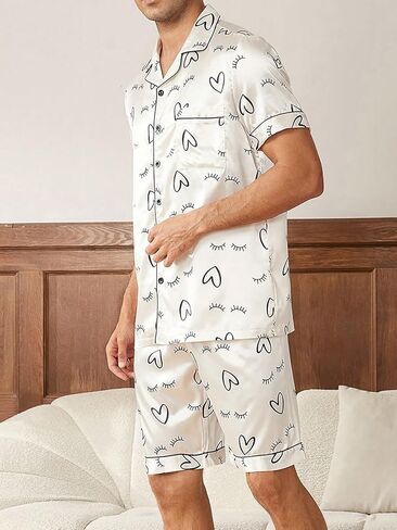 طقم ملابس نوم رجالي من WDIRARA مطبوع عليه حمار وحشي وقميص وأكمام قصيرة وسروال قصير من الساتان in Kuwait