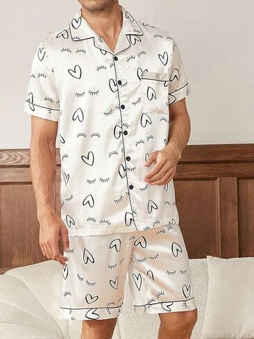 طقم ملابس نوم رجالي من WDIRARA مطبوع عليه حمار وحشي وقميص وأكمام قصيرة وسروال قصير من الساتان in Kuwait