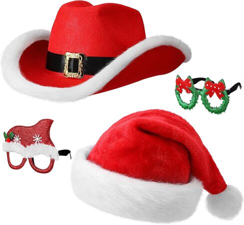 Eurzom 4 Pcs Christmas Party Hat and Glasses Frames Set Santa Cowboy Hat Green Christmas Wreath Red Santa Hat Christmas Glasses Western Holiday Hat Xmas Party Costume for Adults Couple Family in Saudi Arabia