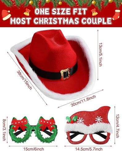 Eurzom 4 Pcs Christmas Party Hat and Glasses Frames Set Santa Cowboy Hat Green Christmas Wreath Red Santa Hat Christmas Glasses Western Holiday Hat Xmas Party Costume for Adults Couple Family in Saudi Arabia