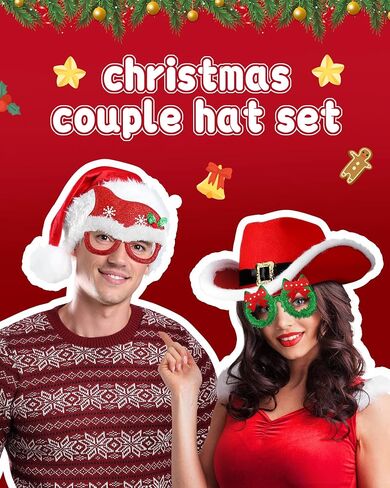 Eurzom 4 Pcs Christmas Party Hat and Glasses Frames Set Santa Cowboy Hat Green Christmas Wreath Red Santa Hat Christmas Glasses Western Holiday Hat Xmas Party Costume for Adults Couple Family in Saudi Arabia