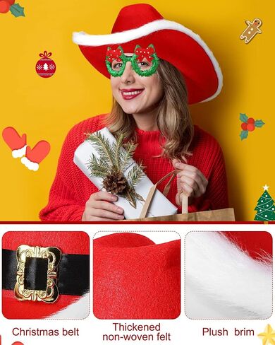Eurzom 4 Pcs Christmas Party Hat and Glasses Frames Set Santa Cowboy Hat Green Christmas Wreath Red Santa Hat Christmas Glasses Western Holiday Hat Xmas Party Costume for Adults Couple Family in Saudi Arabia