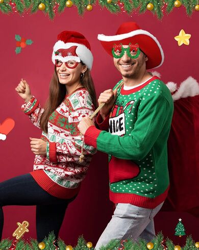 Eurzom 4 Pcs Christmas Party Hat and Glasses Frames Set Santa Cowboy Hat Green Christmas Wreath Red Santa Hat Christmas Glasses Western Holiday Hat Xmas Party Costume for Adults Couple Family in Saudi Arabia