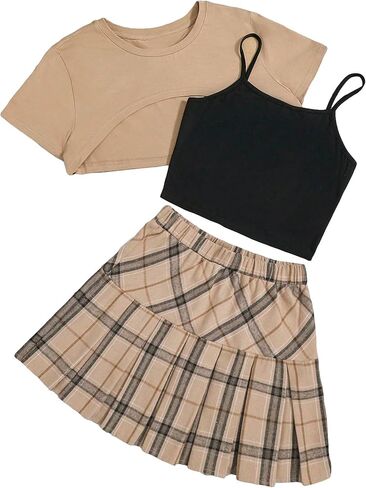 Verdusa Girl's 3 Piece Outfits Crop Cami Top and Plaid Print Pleated Skirt Set with Tee Top in Kuwait