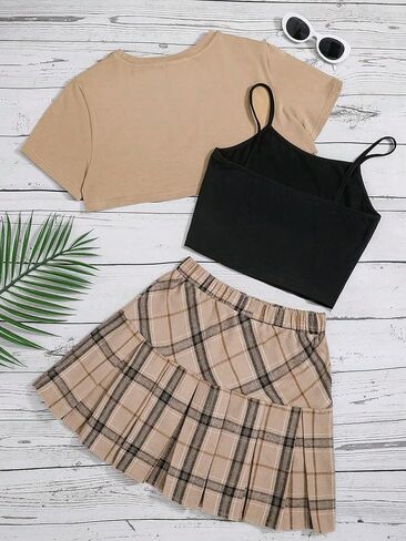 Verdusa Girl's 3 Piece Outfits Crop Cami Top and Plaid Print Pleated Skirt Set with Tee Top in Kuwait