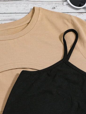 Verdusa Girl's 3 Piece Outfits Crop Cami Top and Plaid Print Pleated Skirt Set with Tee Top in Kuwait