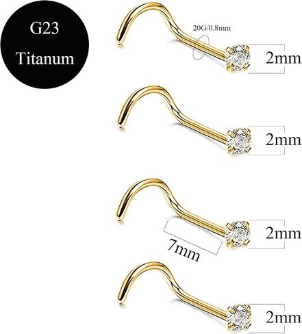 TGNEL 4pcs G23 Titanium 7mm 20G/18G Nose Rings Studs Gold/Silver/Black Nose Nostril Piercing Body Jewelry L-Shaped/S-Shaped Nose Studs 2mm 3mm Ball/CZ Nose Screw Studs Rings for Women in Kuwait