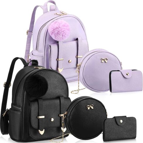 Paterr 6 Pcs Mini PU Leather Backpack Purse Set Girls Fashion Backpack Women Mini Pompom Backpack for Christmas Gifts (Black, Purple) in Saudi Arabia