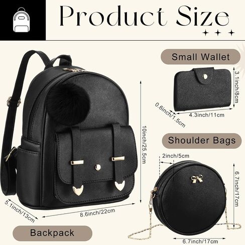 Paterr 6 Pcs Mini PU Leather Backpack Purse Set Girls Fashion Backpack Women Mini Pompom Backpack for Christmas Gifts (Black, Purple) in Saudi Arabia