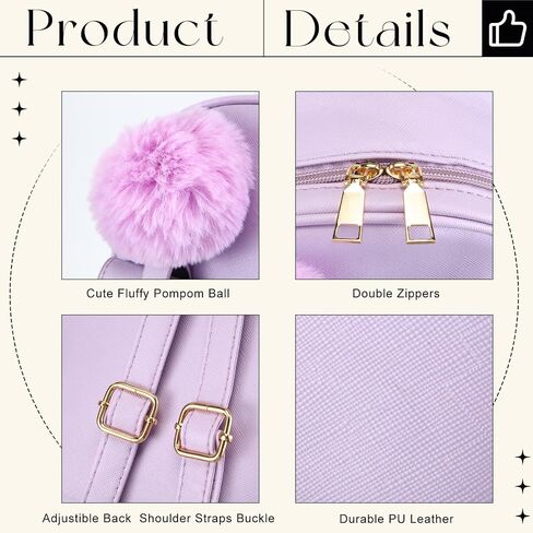 Paterr 6 Pcs Mini PU Leather Backpack Purse Set Girls Fashion Backpack Women Mini Pompom Backpack for Christmas Gifts (Black, Purple) in Saudi Arabia