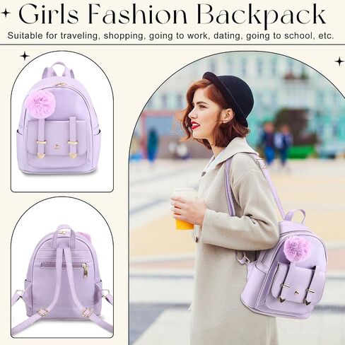 Paterr 6 Pcs Mini PU Leather Backpack Purse Set Girls Fashion Backpack Women Mini Pompom Backpack for Christmas Gifts (Black, Purple) in Saudi Arabia