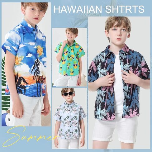 Boys Hawaiian Shirt Short Sleeve Aloha Button Down Shirt Cartoon Print Beach Dress Tops Shirts for Kids in Saudi Arabia