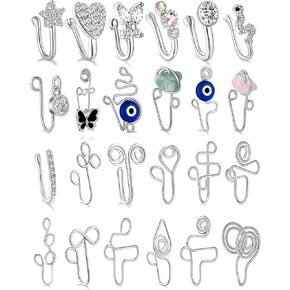 fxiqini 24 قطعة حلقات الأنف الحاجز وهمية مجموعة الأذن كليب غير ثقب وهمية الأنف الكفة عين الشر فراشة تشيكوسلوفاكيا كريستال فو الأنف الدائري الأصفاد الأنف الأفريقية للنساء لهجة الفضة in Kuwait