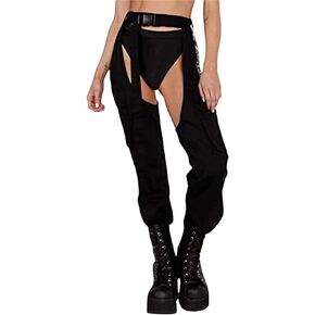 Women Buckle Bottomless Pants Sexy High Waist Rave Chaps Hollow Out Cargo Crotch Pants See Through Long Rave Leggings