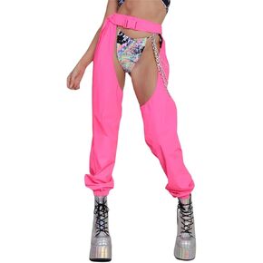 Women Buckle Bottomless Pants Sexy High Waist Rave Chaps Hollow Out Cargo Crotch Pants See Through Long Rave Leggings