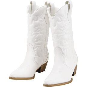 أحذية Rollda النسائية لرعاة البقر الغربي بمقدمة مدببة وأحذية راعية البقر لمنتصف الساق للسيدات أحذية عصرية مطرزة بكعب مكتنز in Kuwait