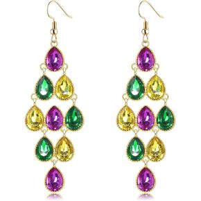 Mardi Gras Earrings for Women, Rhinestone Mardi Gras Accessory, Purple Green Gold Crystal Earrings Fat Tuesday Carnival Parade Party Jewelry Gifts