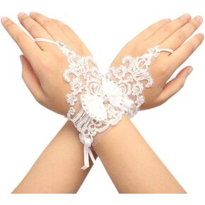 Casdre Bow Wedding Short Gloves Floral Lace Bridal Gloves Crystal Wrist Length Fingerless Gloves Jewerly for Women and Girls, Ivory, One size in Kuwait