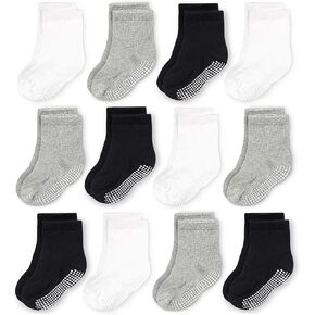 CozyWay Non-Slip Crew Grip Kids Socks, 12 Pack for Boys & Girls, Black/White/Gray, 5-7 Years Old in Kuwait