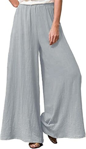 Hisanny Womens Plus Size Linen Pants Wide Leg Palazzo Trousers High Elastic Waist Flowy Pants Culottes with Pockets in Kuwait