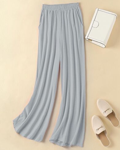 Hisanny Womens Plus Size Linen Pants Wide Leg Palazzo Trousers High Elastic Waist Flowy Pants Culottes with Pockets in Kuwait