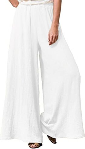 Hisanny Womens Plus Size Linen Pants Wide Leg Palazzo Trousers High Elastic Waist Flowy Pants Culottes with Pockets in Kuwait