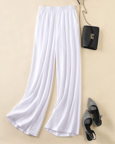 Hisanny Womens Plus Size Linen Pants Wide Leg Palazzo Trousers High Elastic Waist Flowy Pants Culottes with Pockets in Kuwait