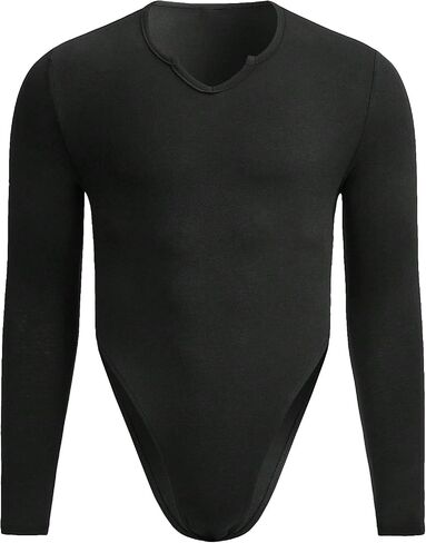 OYOANGLE Men's Rib Knit Long Sleeve Notched Neck High Cut Stretchy Bodysuit Tops Jumpsuit in Saudi Arabia