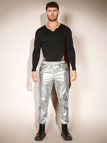 OYOANGLE Men's Rib Knit Long Sleeve Notched Neck High Cut Stretchy Bodysuit Tops Jumpsuit in Saudi Arabia