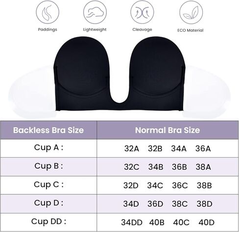 حمالة صدر نسائية من Wekofi على شكل حرف V بدون حمالات بدون حمالات، حمالة صدر لاصقة غير مرئية مبطنة (D، أسود) in Kuwait