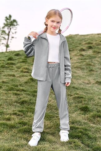 Meikulo بدلة رياضية للبنات مكونة من قطعتين للأطفال، سويت شيرت بسحاب وسراويل رياضية للركض، مجموعة من 5 إلى 14 سنة in Kuwait