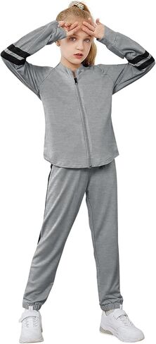 Meikulo بدلة رياضية للبنات مكونة من قطعتين للأطفال، سويت شيرت بسحاب وسراويل رياضية للركض، مجموعة من 5 إلى 14 سنة in Kuwait