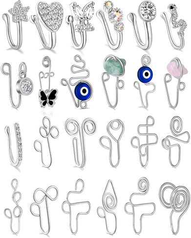 fxiqini 24 قطعة حلقات الأنف الحاجز وهمية مجموعة الأذن كليب غير ثقب وهمية الأنف الكفة عين الشر فراشة تشيكوسلوفاكيا كريستال فو الأنف الدائري الأصفاد الأنف الأفريقية للنساء لهجة الفضة in Kuwait
